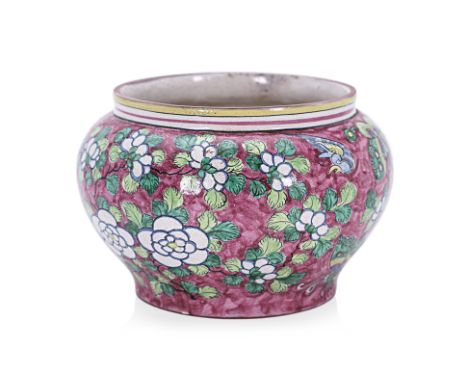 AN ENAMELLED YIXING POTTERY SPITTOON Decorated with butterflies and birds amongst flowering foliage and lotus on a mottled pu