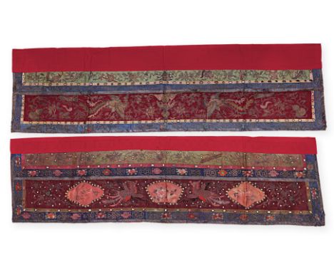 TWO LARGE TEXTILE ALTAR LINERS
Rectangular red silk panel embroidered in two phoenix amongst auspicious Buddhist symbols, app