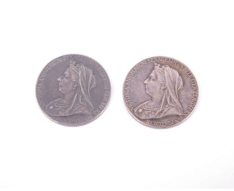 Victoria 1897, two official royal mint diamond jubilee silver medallions, 25mm by GW de Saulles after Thomas Brock and Willia