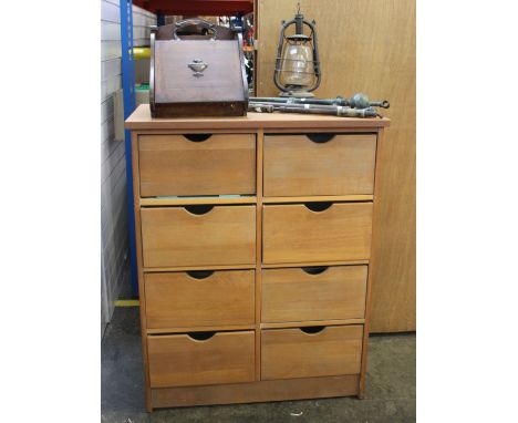 A hurricane oil lamp, modern drawer unit and an oak coal scuttle and metal sprays 