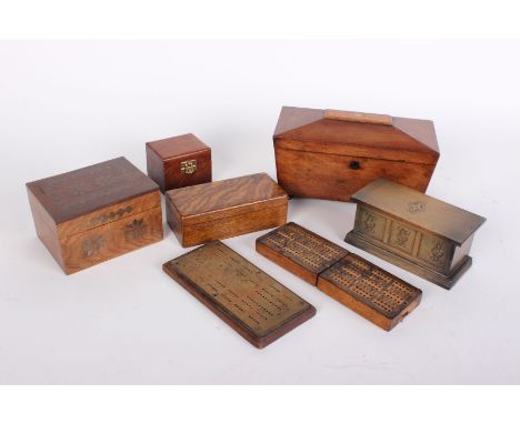 A 19th Century mahogany tea caddy, of sarcophagus shape and brass inlay, further boxes to include a 17th Century oak coffer a