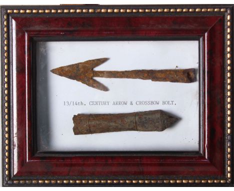 A 13/14th Century Arrow and crossbow bolt in glazed frame. 