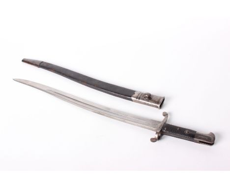 A British yataghan-bladed bayonet and scabbard circa 1863 possibly for an Enfield rifle. Overall length 73cm