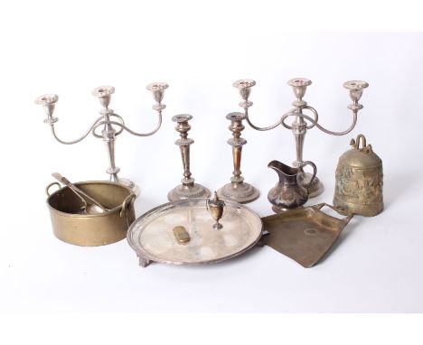 A quantity of silver plate and metal ware, to include three pairs of candlesticks, boxed fruit spoons and fish servers, salve