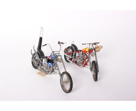 Two Franklin Mint 'Easy Rider' 1:10 scale diecast model motorcyles: Billy Bike with red and yellow tank and cowboy hat; Chopp