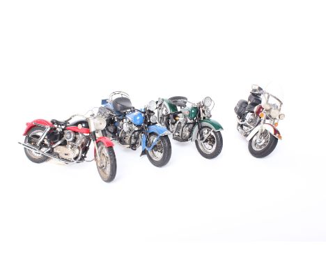 Four Franklin Mint Harley-Davidson 1:10 scale diecast model motorcycles - XL Sportster, Panhead, Heritage Softtail