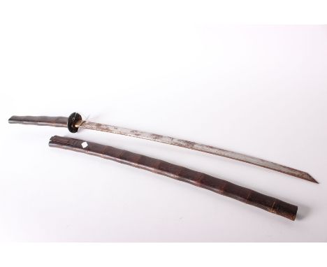 Oriental Samurai Sword With bamboo effect Scabbard And Handle And Brass Fittings. Folded Steel Blade With Oriental Markings.