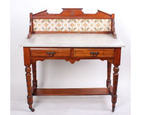 A Victorian marble top and tile back mahogany washstand 107cm high, 105cm wide 
