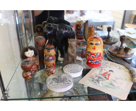 A small display cabinet, lustre light and stoneware jar, together with a quantity of souvenir items from India, Japan, German