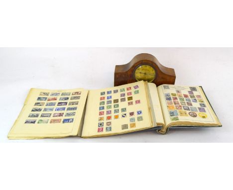 Collection of World stamps and an Edwardian inlaid clock