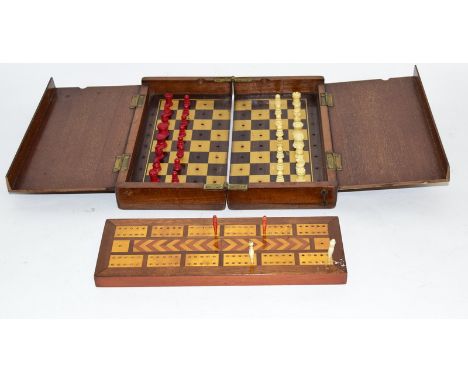 Wooden boxed  Chess Compendium together with a treen cribbage board