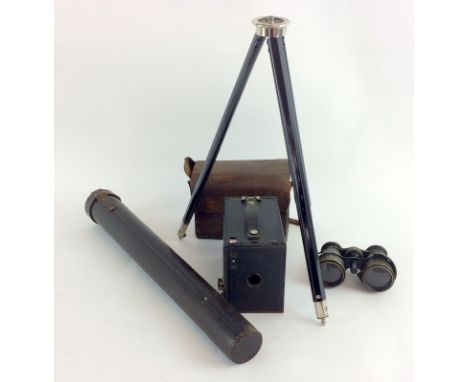 Agfa tripod with leather case ,box camera, and pair opera glasses