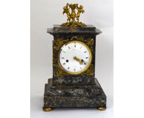 a 19thc french grey marble mantle clock by le paute paris the white enamel dial with black roman numerals with silk suspensio