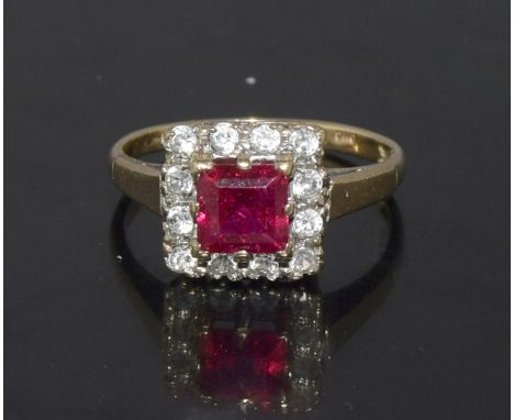 9ct gold ladies diamond and ruby square faced ring size M
