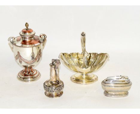 Walker & Hall silver plated bon bon dish, vintage Ronson silver plated table lighter and a silver plated tea caddy