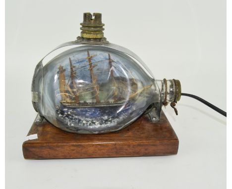 Ship in a bottle puttied sea with a harbour diorama converted to an overhead light C1950