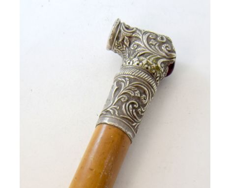 Malacca an White walking stick ,Inset is a coloured glass with variegated riven colours .Crest has initials and name Townsend