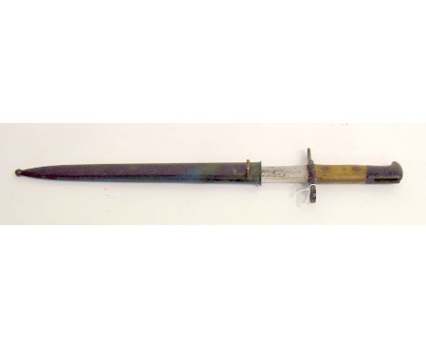 A Swiss model 1889 bayonet in its steel scabbard. Makers name to blade Neuhausen. Blade length 30cms