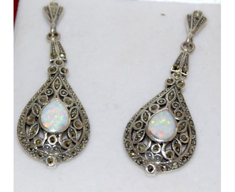 a pair of silver and marcasite and opal drop earrings