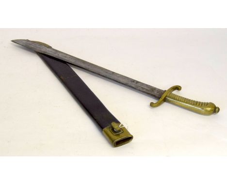 A pre WW1 Imperial German Fachinemesser M1829 short sword in its leather scabbard with brass mounts. Blade length of 48cms. H