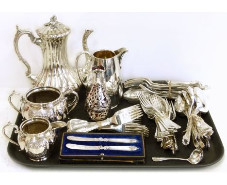 Silver plated coffee pot, milk jug and sucrier, plus a quantity of plated flat ware. Condition reports are not available for 