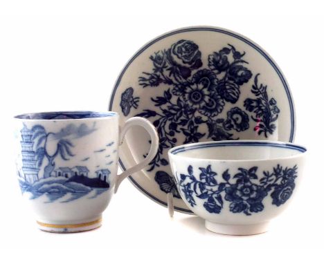 Caughley teabowl and saucer circa 1780, printed with Three Flower pattern also a coffee cup painted with Tower pattern, S mar