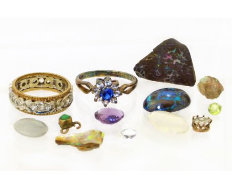A selection of jewellery to include a diamond band ring, a paste cluster ring and a selection of loose gem stones to include 