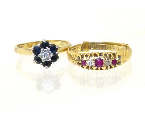 Two dress rings, to include an 18ct ruby and diamond five stone ring, together with a 9ct gold sapphire and diamond cluster r