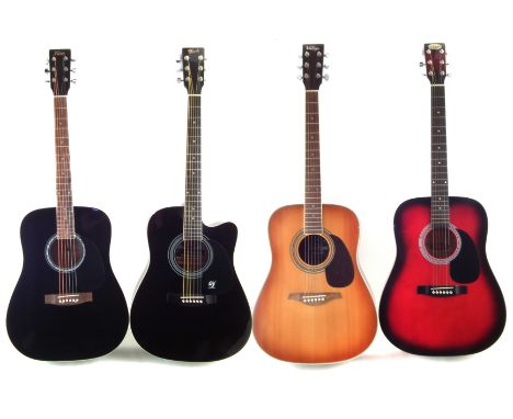 Four steel string Dreadnought shape acoustic guitars by Lindo, Swift, Stagg and Vintage.