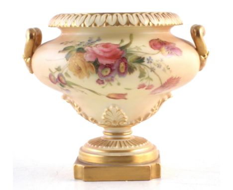 Royal Worcester twin handled pedestal bowl , decorated with flowers on a blush ivory ground, date code for 1906, 13cm high CO