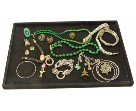 A selection of costume jewellery, to include a Christian Dior earring, a white metal snake necklace, a malachite bead necklac