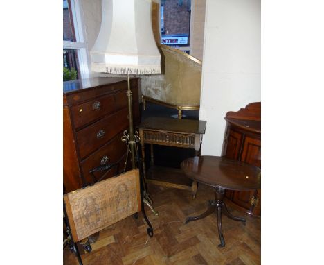 Jacobean style hall table, brass standard lamp, fire-screen and inlaid oval table. Condition reports are not available for ou