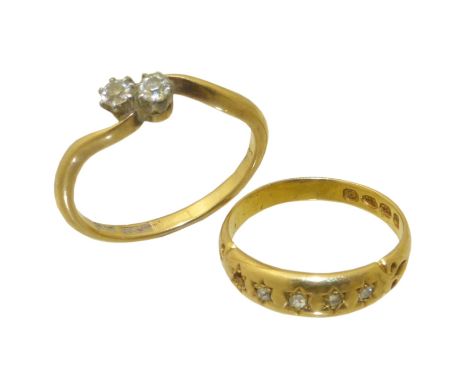 Two dress rings, to include an 18ct gold diamond five stone ring (AF) together with a diamond crossover ring, ring sizes M an