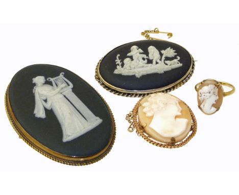 A selection of cameo jewellery, to include a shell cameo ring stamped 9ct, together with two Wedgwood basalt cameo brooches a