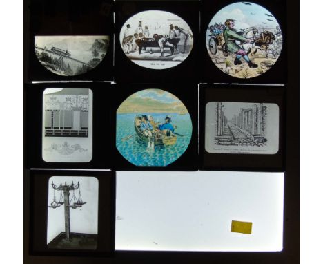 40 black/white and coloured magic lantern slide to include uniforms of Japanese army "A Gold Catch" at herring fishing, pool 