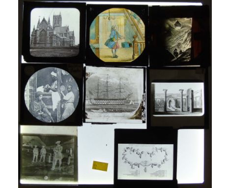 69 Black/white and colour lantern slides, Triceratium favos, blood corpuscles, tongue of bee, pearls soap, Natives carrying t