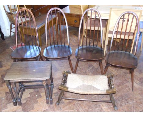 Four Ercol dining chairs, rush seated stool and three occasional tables. Condition reports are not available for our Interior