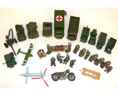 Unboxed Dinky toys military ambulance, army wagon, armoured car, Austin Champ, Scout car, medium gun, Kentoy stretcher and be