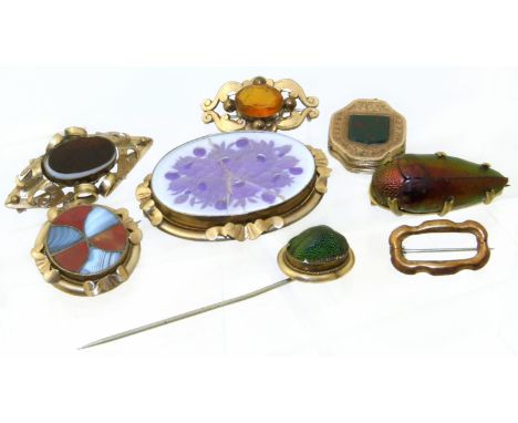 A selection of antique jewellery, to include hardstone brooches, a bloodstone hinged locket, gem set brooches, a scarab beetl