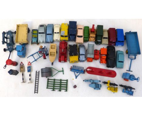 Unboxed Lesney Esso petrol pump, cement mixer, boat on trailer, motor bike and side car (and two others) Dunlop van, Nestle's