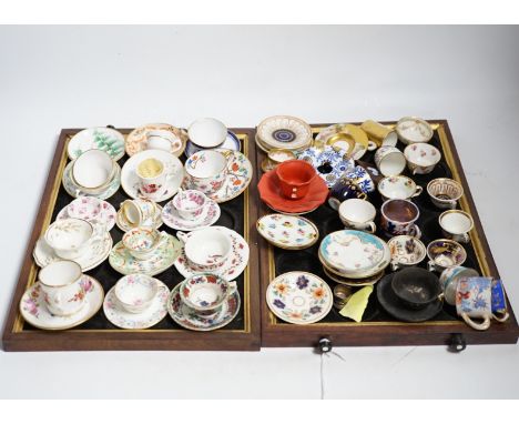 Collection of miniature porcelain cups and saucers including Spode, Royal Crown Derby and Coalport