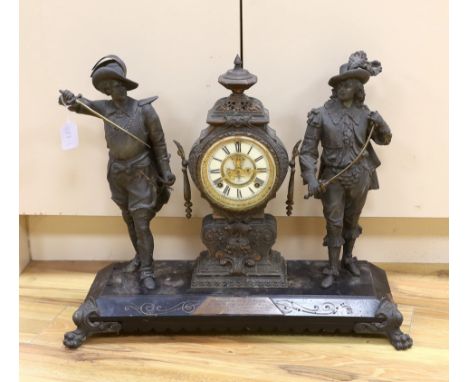A 20th century American spelter and Cavalier figural mantel clock, 52cm high