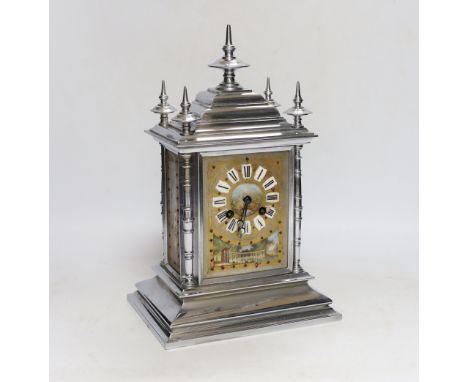 A French chrome plated mantel clock, with jewelled porcelain inset panels 32cm Case fair; dial wear to gilding; the numeral 4