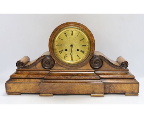 A 19th century burr walnut drum head mantel clock striking on a bell 52cm wide