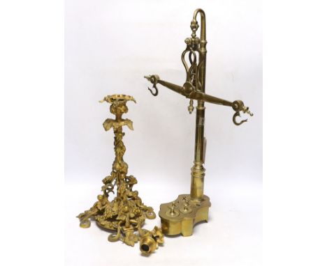Set of vintage brass scales and a gilt metal grapevine column centrepiece