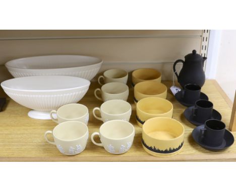 A Wedgwood black basalt coffee pot with three coffee cans and saucers, six biscuit jasper ware cups, four pots and two Etruri