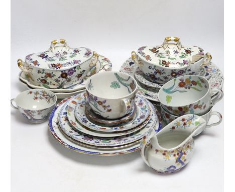 A collection of Spode Ironstone and pottery blue tea and dinnerware, including a pair of oval boat shaped sauce tureens and c