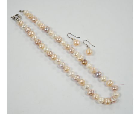 A single strand multi coloured freshwater pearl necklace, 44cm and a pair of freshwater pearl drop earrings.