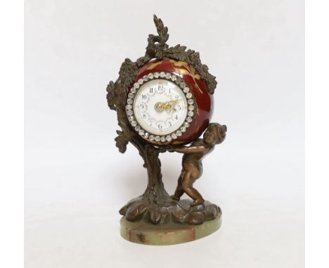 A late 19th century Louis XV style porcelain and gilt metal cased mantel clock, 18.5cm high