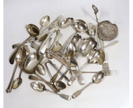 A quantity of assorted 19th century and later silver flatware, various patterns, dates and makers, including a set of silver 